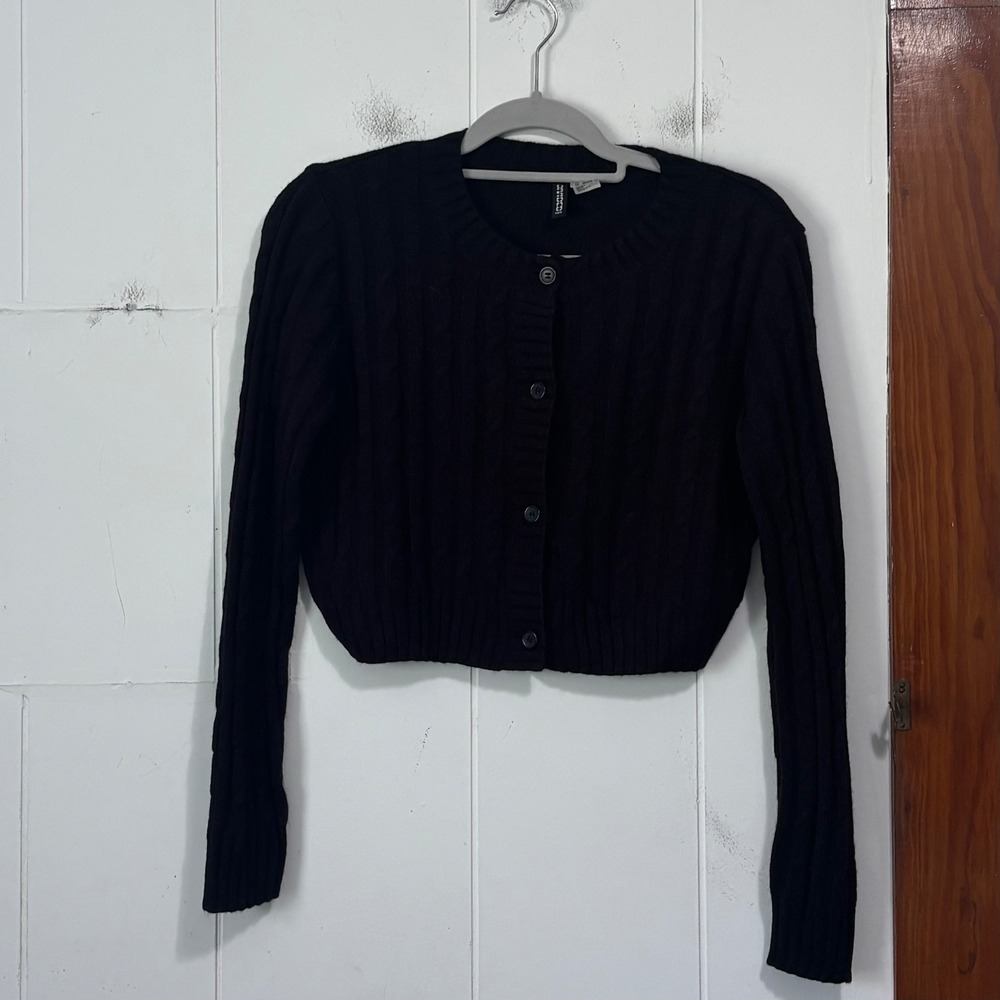 H&M Divided Black Cable Knit Cropped Cardigan Button Front Sweater Womens Small